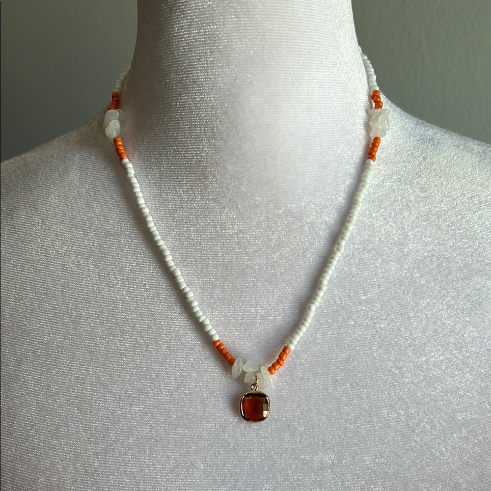 Elegant White and Orange Beaded Necklace with Pendant - NWT